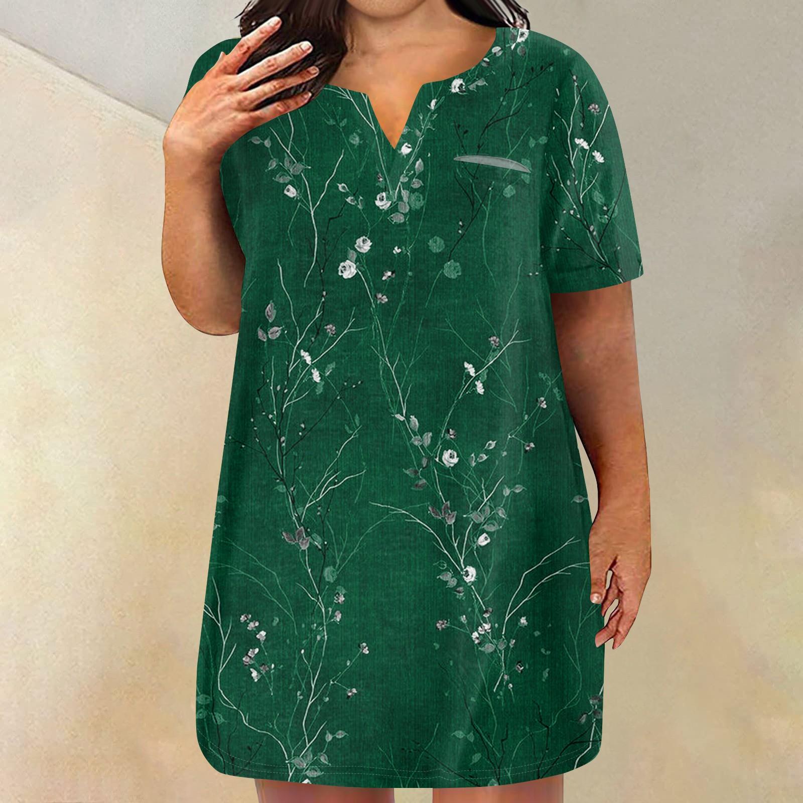 

Женские платья больших размеров с V-образным вырезом и коротким рукавом, летнее повседневное однотонное платье-туника с карманом XXXXXL зелёный