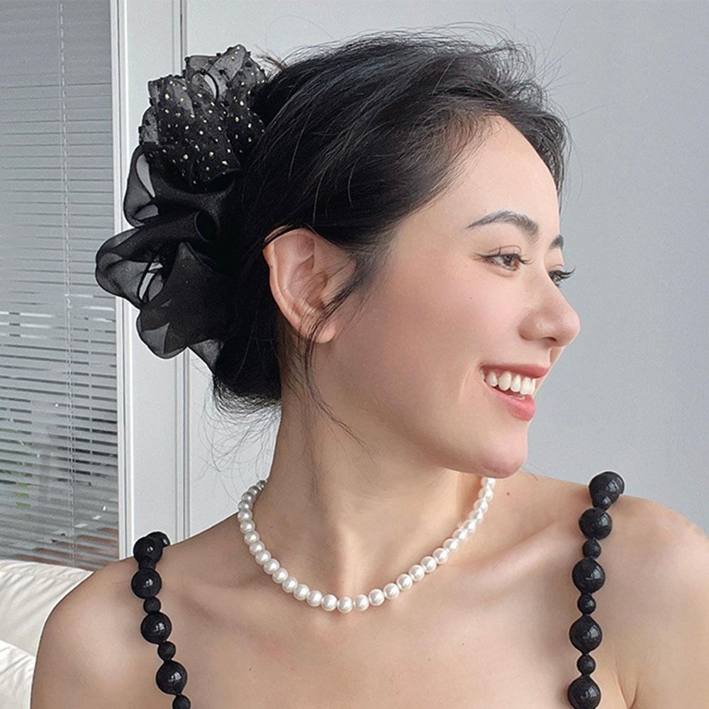 Double-sided Bow Hair Claw Dots Mesh Ponytail Clip Elegant Bow Shark Clip  Lady