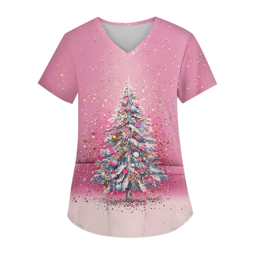 Women's V-neck Christmas Print Short-sleeved Pocket Side Slit Uniform Top