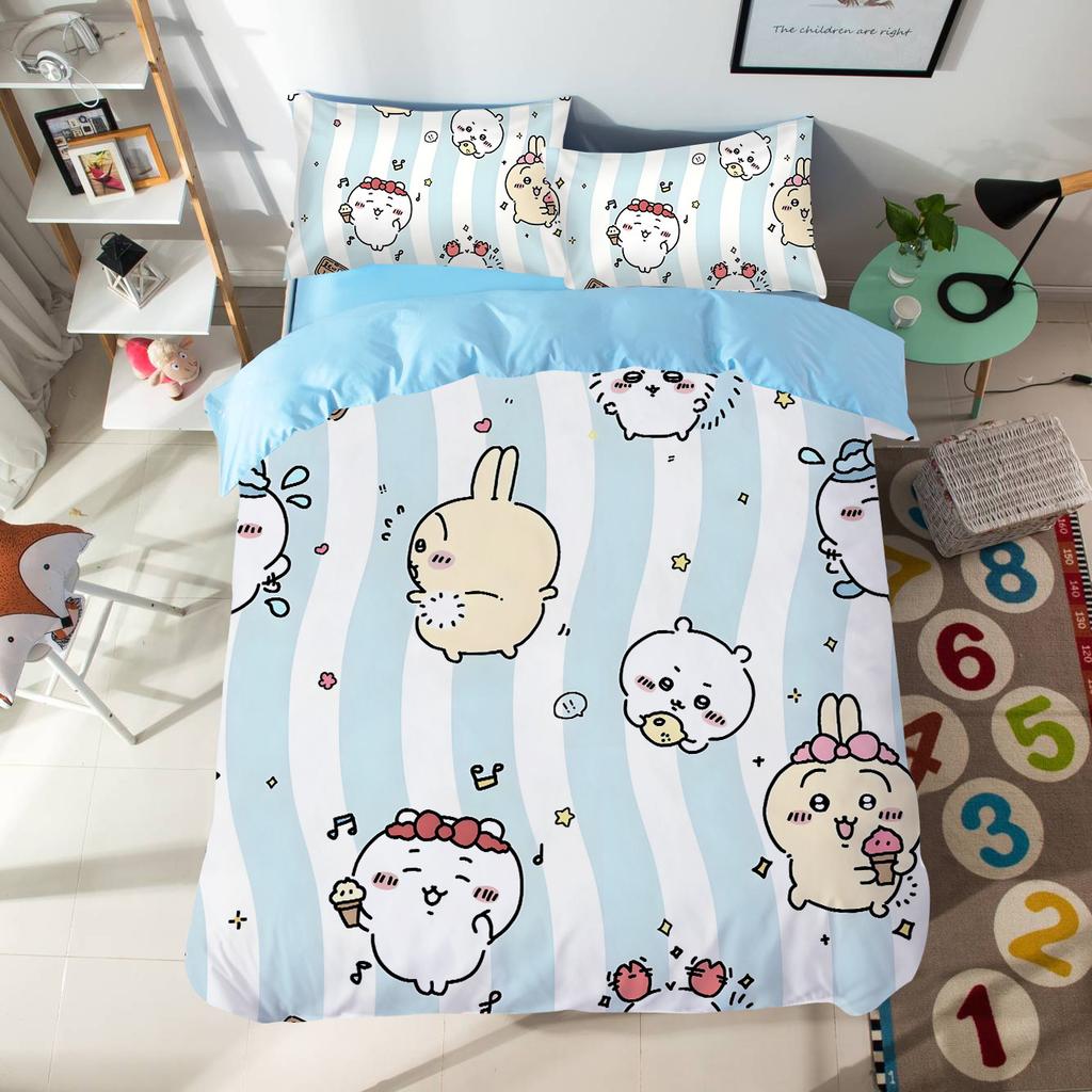 Cartoon Chiikawas Cute Themed Bedding Set Colorful Print Polyester Student Dormitory Bed Sheet Quilt Cover Kid Gift Home Textile