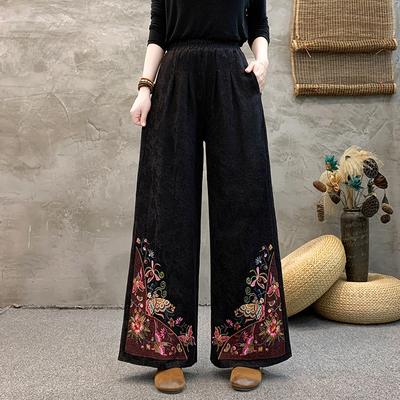 Mama Frühling Herbst Bestickte Hosen Weite Beinhosen Ethnische Baumwolle Hanf Bestickte Lose Elastische Hosen Mittleren Alters Ältere