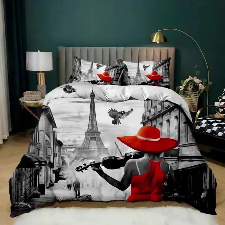 Retro Architektoniczny Poszwa na Kołdrę Kobieta w Czerwonej Sukni Gra na Skrzypcach przy Wieży Eiffla Podwójna Queen King Poliester Poszwa na Kołdrę