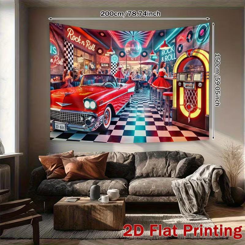2D "Rock N Roll" 1950s Diner Themed Backdrop with Jukebox & Car