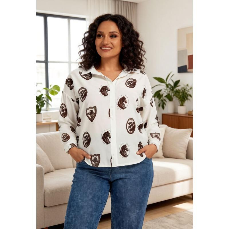 Women Vintage Horse Print Blouse Long Sleeve Satin Shirt Casual V-Neck Button Down Top Elegant Office Work Wear S