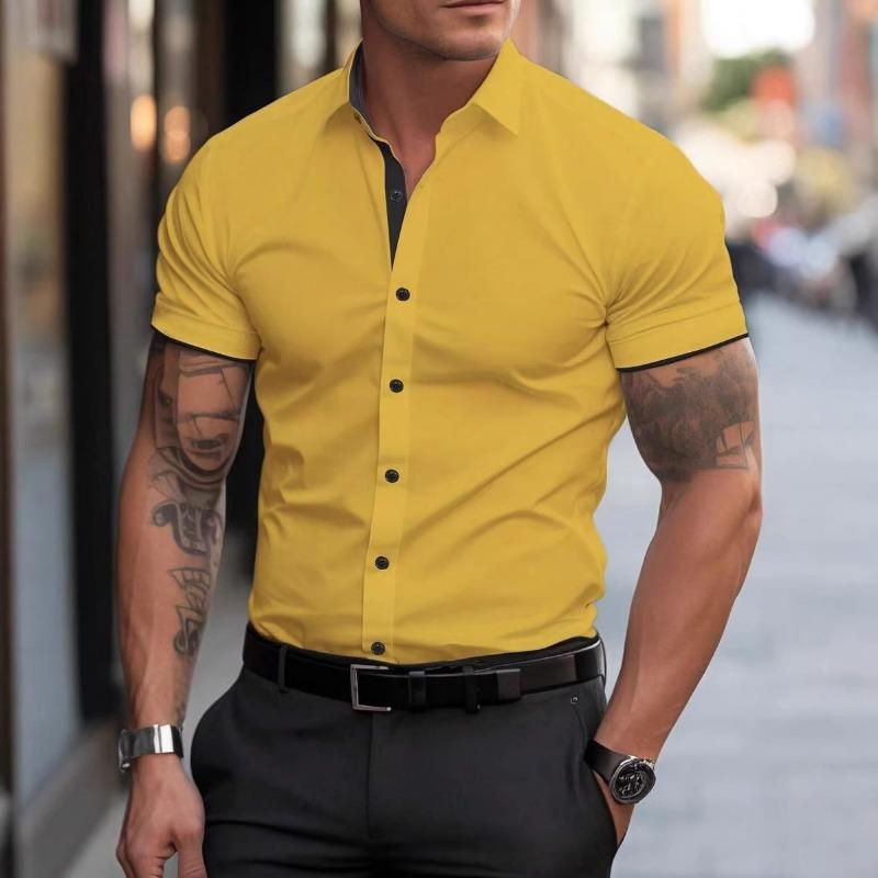 New Summer Men Clothes Spell Color Short Sleeve Shirt Men Lapel Fashion 100% Polyester Shirt Tops