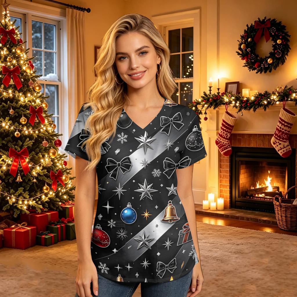 Women's V-Neck Short Sleeve Scrub Top with Pockets Christmas Print Caregiver Uniform Work Shirt