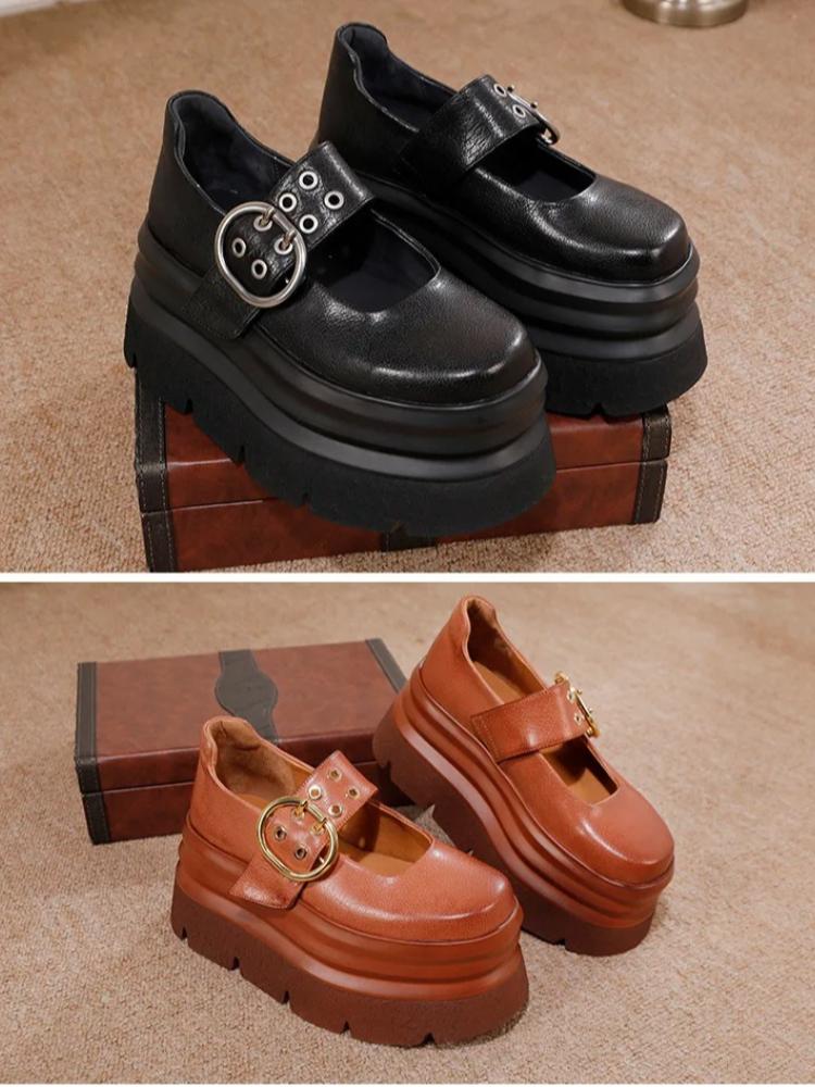 Johnature Vintage Thick Soled Shoes Round Toe Genuine Leather Versatile Four Seasons Women's Shoes