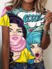 Graffiti Cartoon Art Painting Women's Round Neck T-Shirt Fashion Casual Full Printed T-Shirt Round Neck Short Sleeve Top
