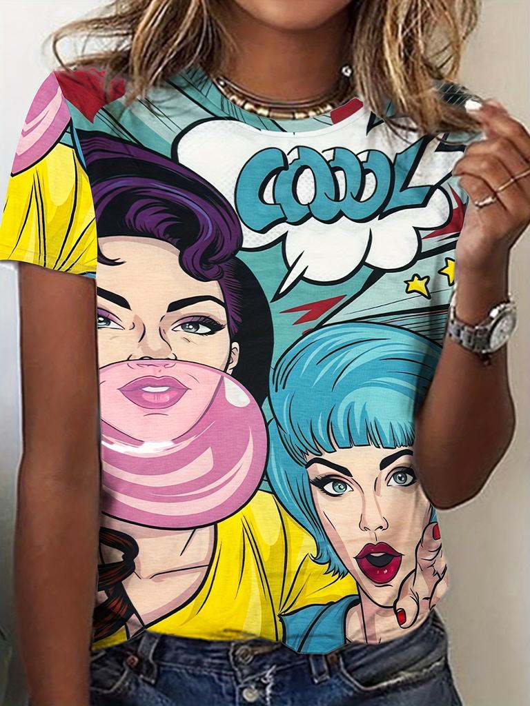 Graffiti Cartoon Art Painting Women's Round Neck T-Shirt Fashion Casual Full Printed T-Shirt Round Neck Short Sleeve Top