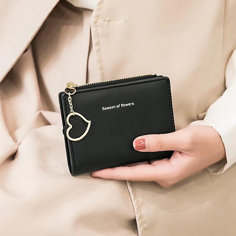 Women'S Small Wallet Double Fold Ultra Thin Zero Wallet Zipper ID Bag, Contrast Color Love Pendant Short Card Bag