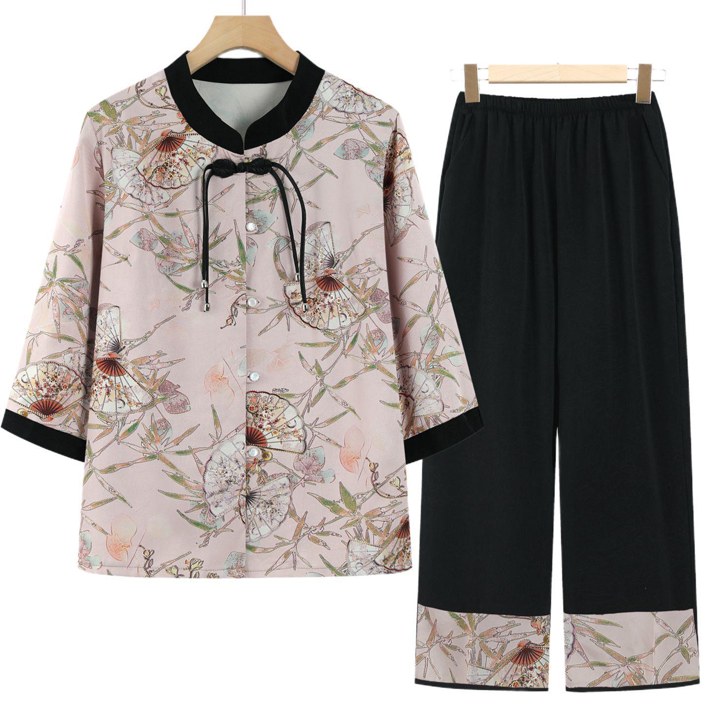 Stylish Summer Two-Piece Set for Elderly Women: Grandma s Chic Blouse & Shirt XL (80-100 jin)