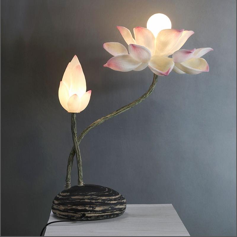 Chinese style living room decorative table lamp resin lotus lampshade plug-in warm light fixture study bedroom bedside lamp
