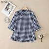 Women Casual Stand Collar Short Sleeve Plaid Print Blouse
