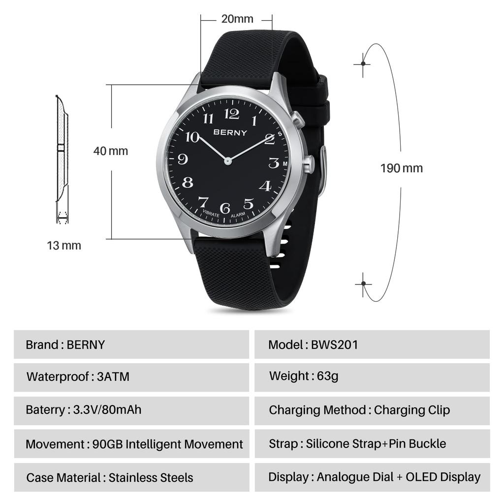 BERNY Wibrujący Zegarek z Ukrytym OLED Wibracje i Alarm Specjalnie Zaprojektowany dla Osób Starszych i Niedosłyszących Wodoodporny do 3 ATM, Wielofunkcyjny
