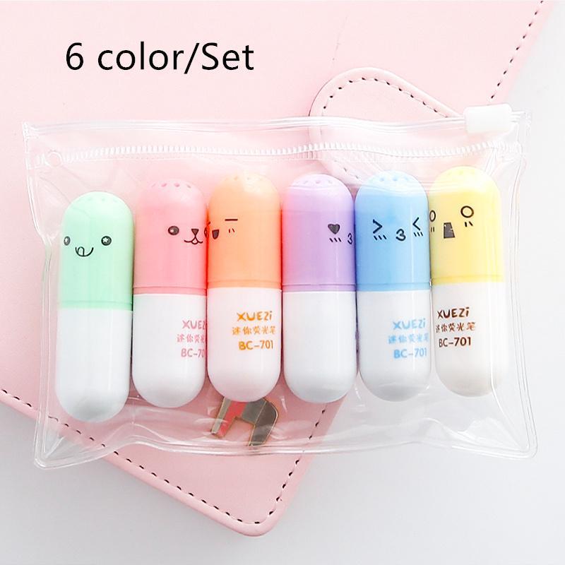 6pcs Cute Capsule Highlighter Pen Mini Pill Color Spot Marker Liner Stationery Office School Supplie