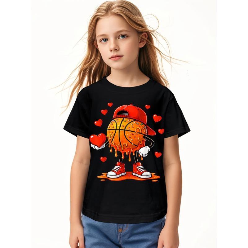 European Sizes Soft Breathable Valentine Basketball Heart Drip Sport Valentines Day T-Shirt for Kids | Boys & Girls Graphic Tee - Round Neck