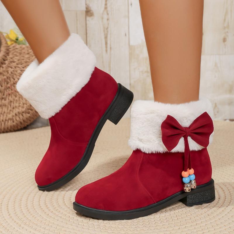 Fashion Winter 2025 Bow Plus Fluffy Hair Mouth Snow Boots Women's Mid-Leg Boots Cotton Shoes