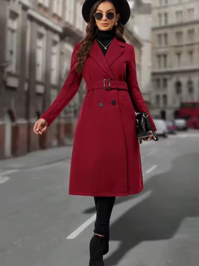 European & American Women's Slim-Fit Double-Breasted Belted Long Woolen Trench Coat