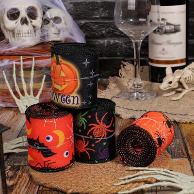Halloween Wired Edge Ribbon Bat Spider Pumpkin Ribbon Halloween Wrapping Ribbon for DIY Craft Floral Bow