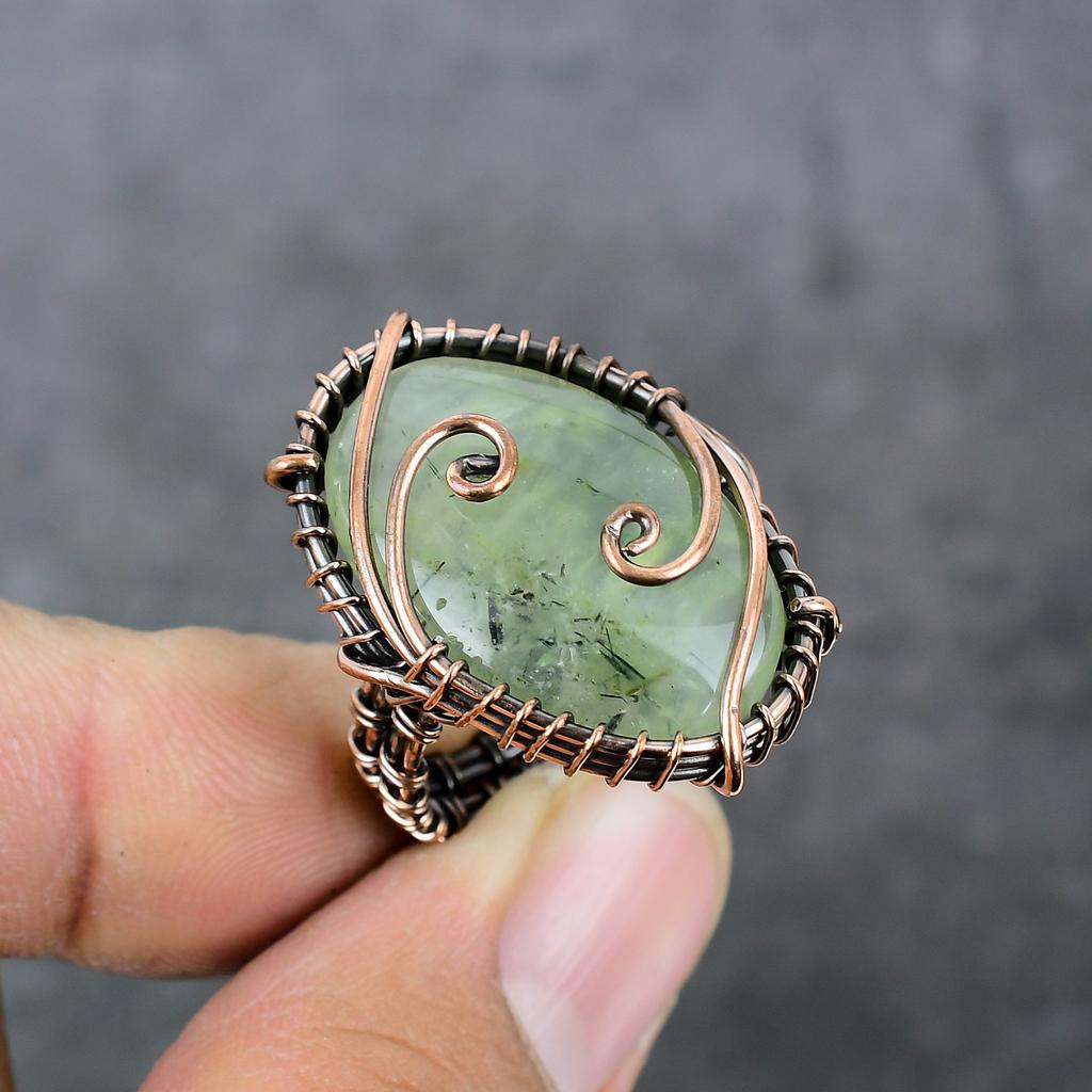 Natural Prehnite Gemstone Copper Wire Wrap Gift Jewelry Ring Size 6.5 ET-3447