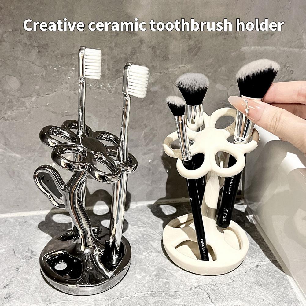 Ceramic Flower Shape Toothbrush Holder Multifunctional Bathroom Organizer High Stability Compact Countertop Stand