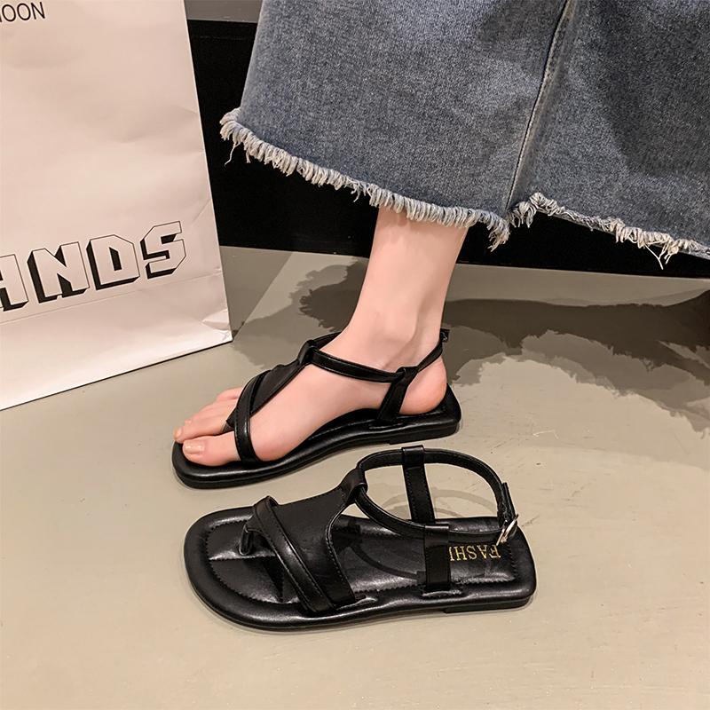 

Low Sandals Leather Shoes Lady 2025 Flip Flops Platform Low-heeled New Retro Spring Elastic Band Corrective Rubber PU 35 чёрный