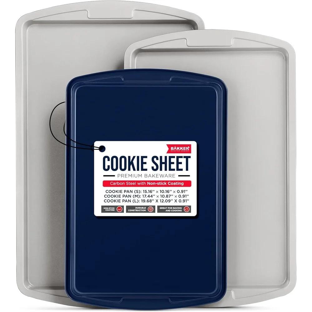 Bakken Swiss Cookie Sheet 3 Piece Set Non-Stick Stackable Baking Pans Deluxe Ceramic Coating – Dishwasher Safe Home Baking
