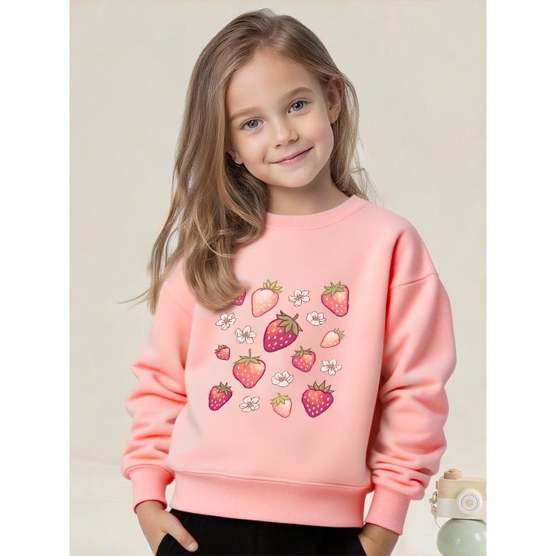 Strawberry and Cherry Pattern Children's Long-sleeved Round-neck Pullover, Suitable for Home, Play, Daily Wear, School, Christmas and Halloween Gifts