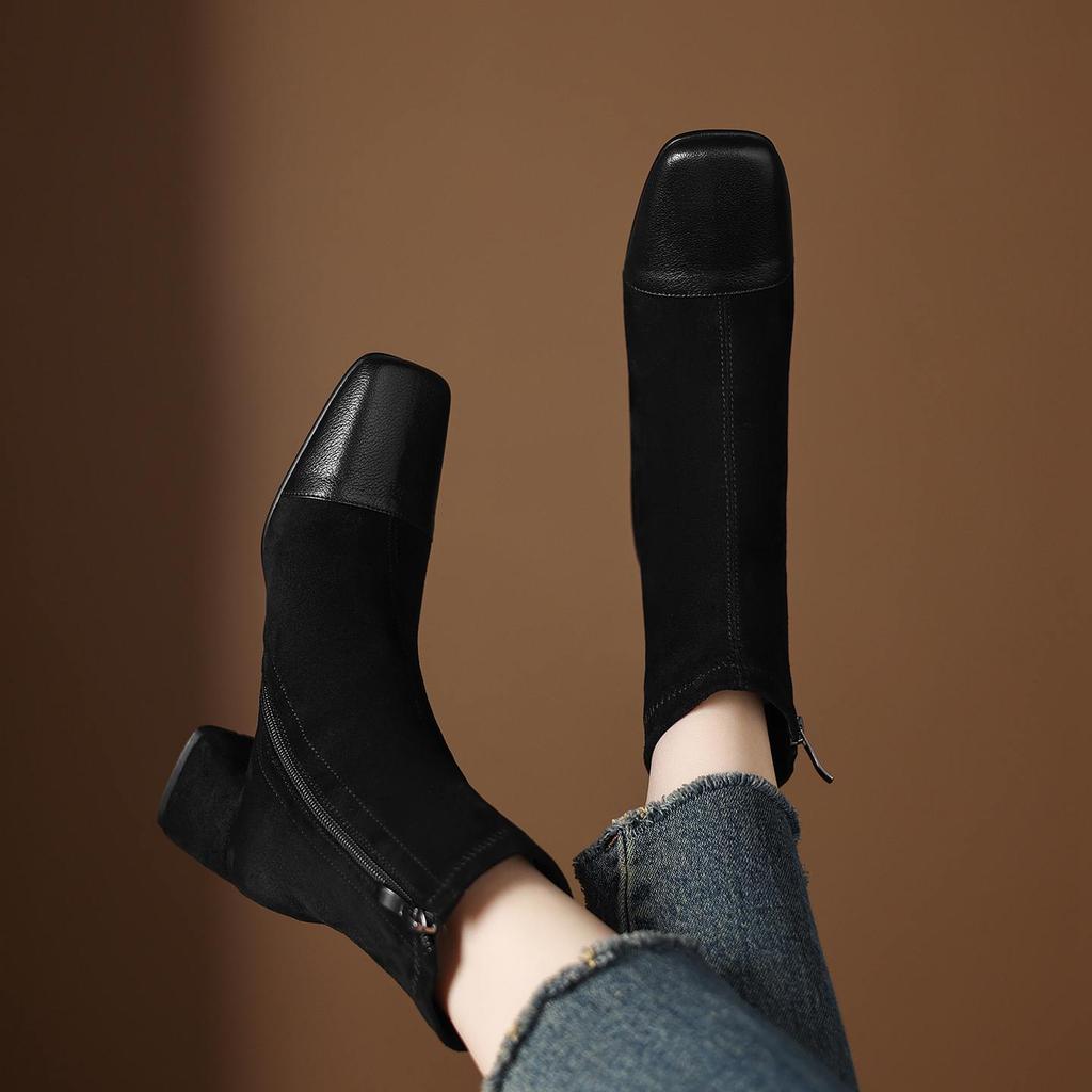 Krazing Pot Microfiber Winter Round Toe Western Boots Thick High Heels Zipper Women Flock Patch Work Ankle Boots