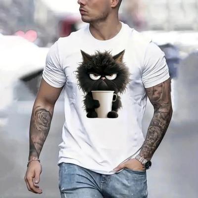 T-Shirt mit Digitaldruck, kurzärmelig, Rundhalsausschnitt, für Herren, Katze, Tier, atmungsaktiver Stoff, entspannte Passform, Sommer, Outdoor, unverzichtbar für den Urlaub, Freizeitkleidung