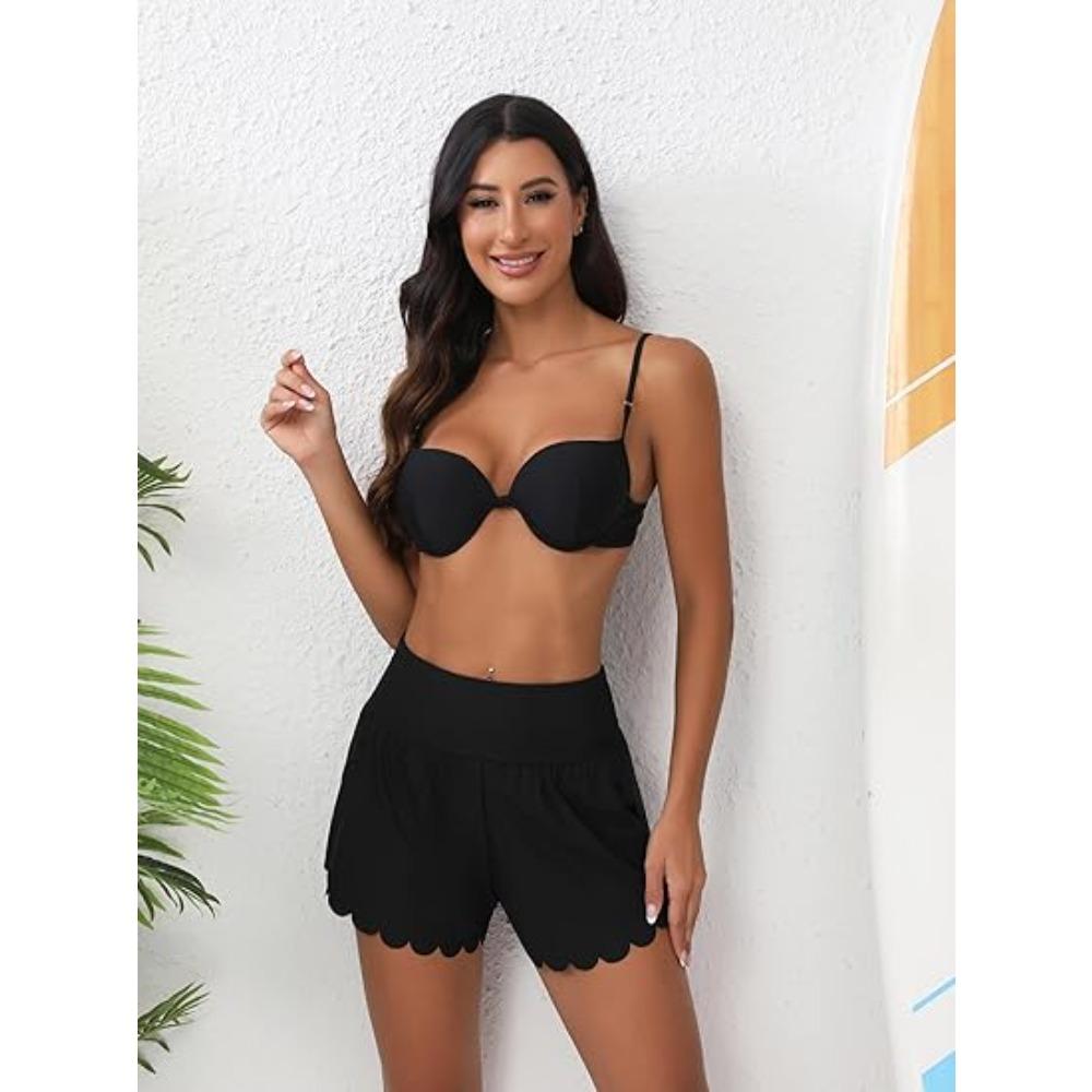Charmleaks Women Swim Shorts Side Split Scalloped Swim Trunk 2 in 1 Board Shorts with Pockets Swim Bottom