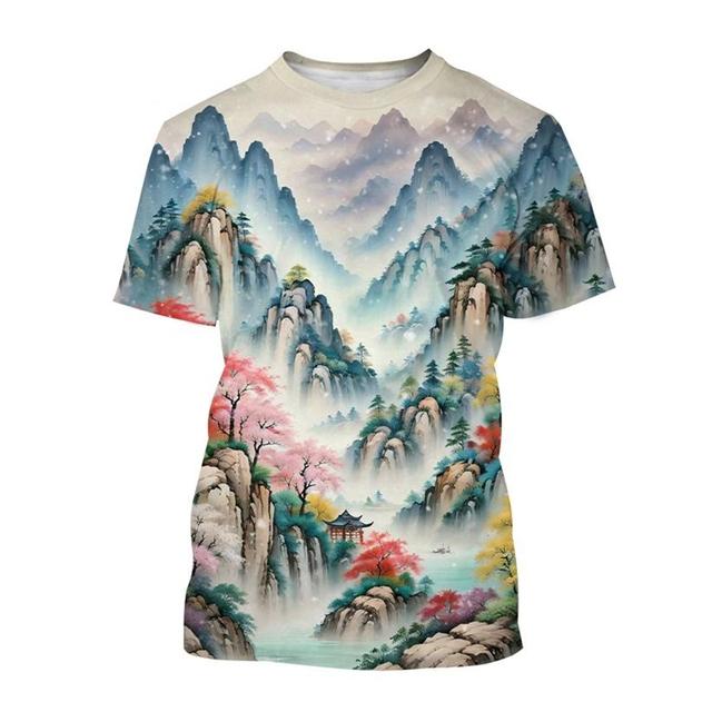 Landscape 3D Printed T-shirt Scenery Painting Art T Shirt For Men Fashion Round Neck Short-sleeved Casual Summer Tees Tops