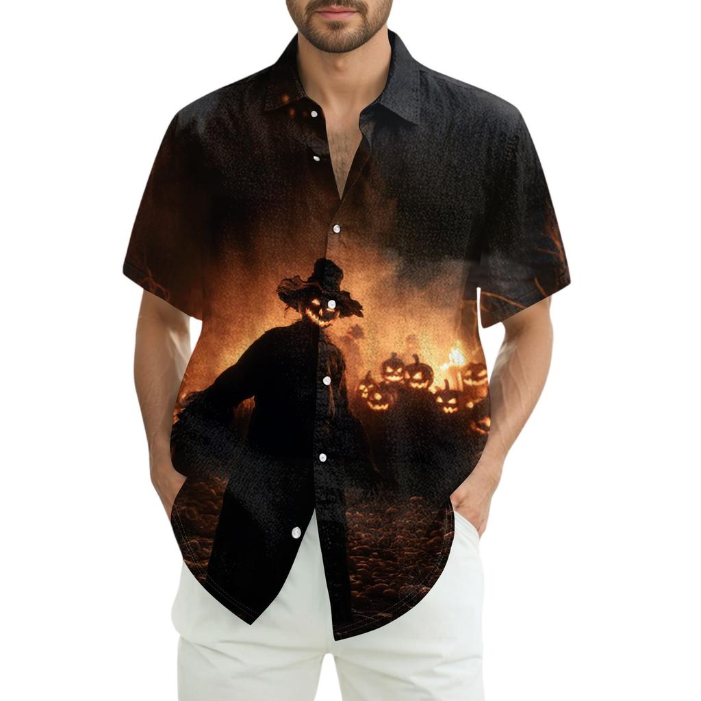 Camicia da Uomo Moda Casual Ampia a Maniche Corte con Stampa di Halloween