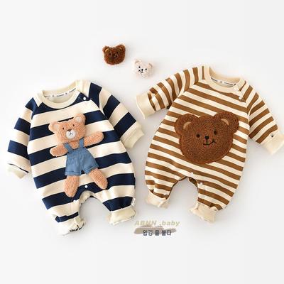 "Youyou Home Korean Baby Striped fleecový lezecký overal s motivem panenky medvěda na jaro a podzim."