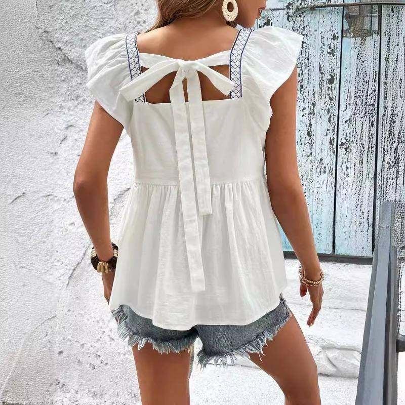 Sommer Neue Top Bestickte Schnürung Fliegen Ärmel Shirts Frauen Elegante Rüschen Square Neck Bluse für Frauen Mode Slim Fit Elegante weibliche Hemd 26430