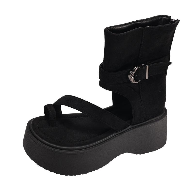 Super Cool Trend Black Retro Platform Sandals Women's 2025 New Summer Wear with Skirt Height Increase Versatile Cool Boots