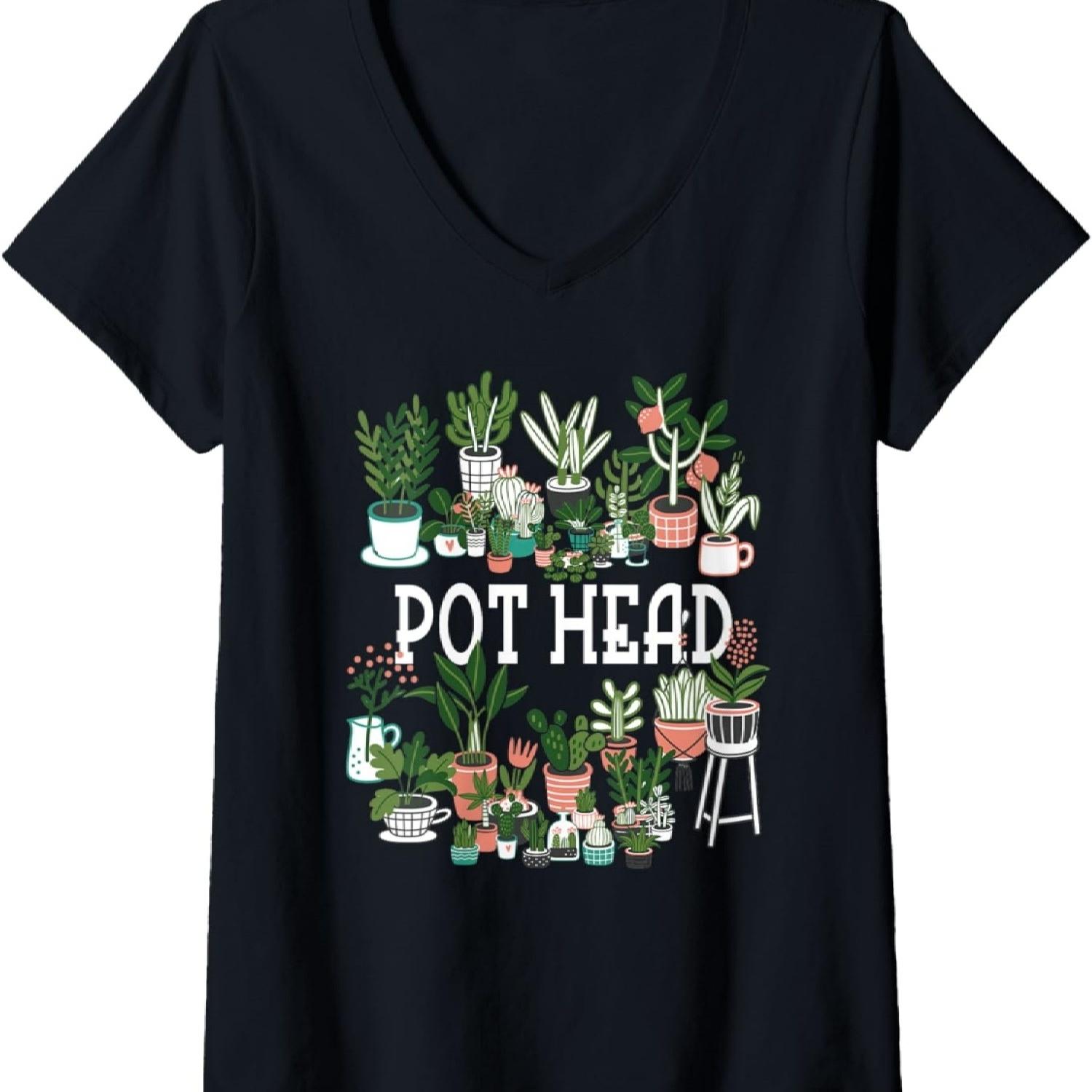 Womens Plant Lover and Gardener Pot Head Succulent V-Neck T-Shirt S чёрный