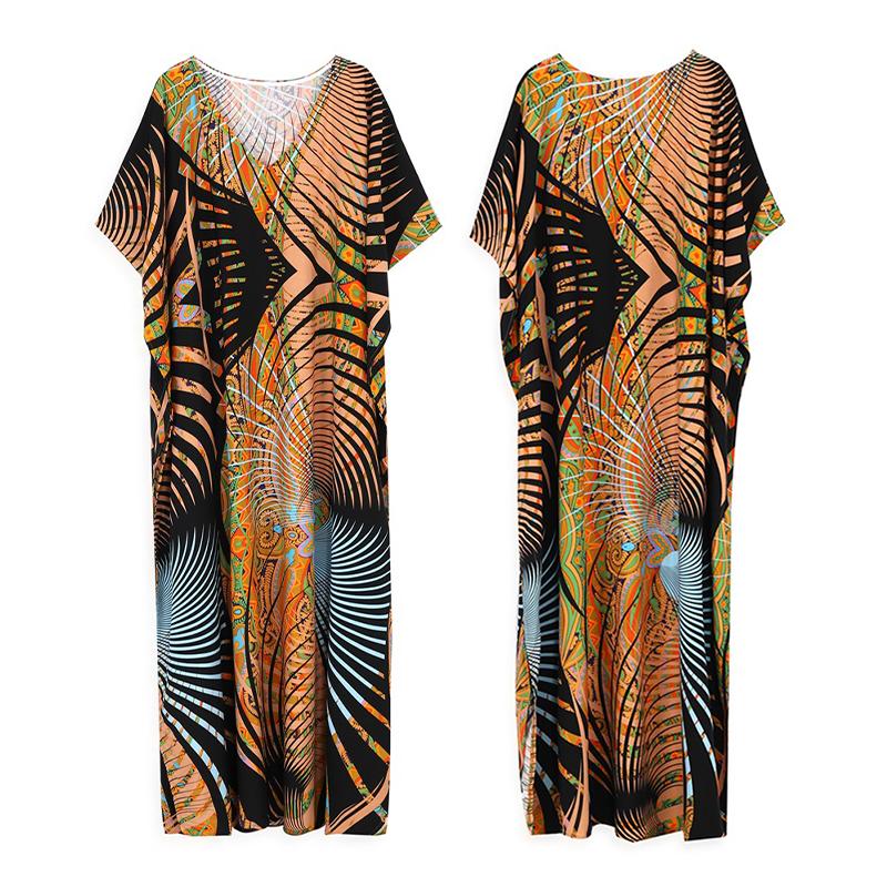 EDOLYNSA Bedruckte türkische Robe mit Fledermausärmeln, Sommer-Tunika, Plus-Size-Bademode, Cover-Up für Damen-Bademode, blaue Kaftan-Kleider, Q1415