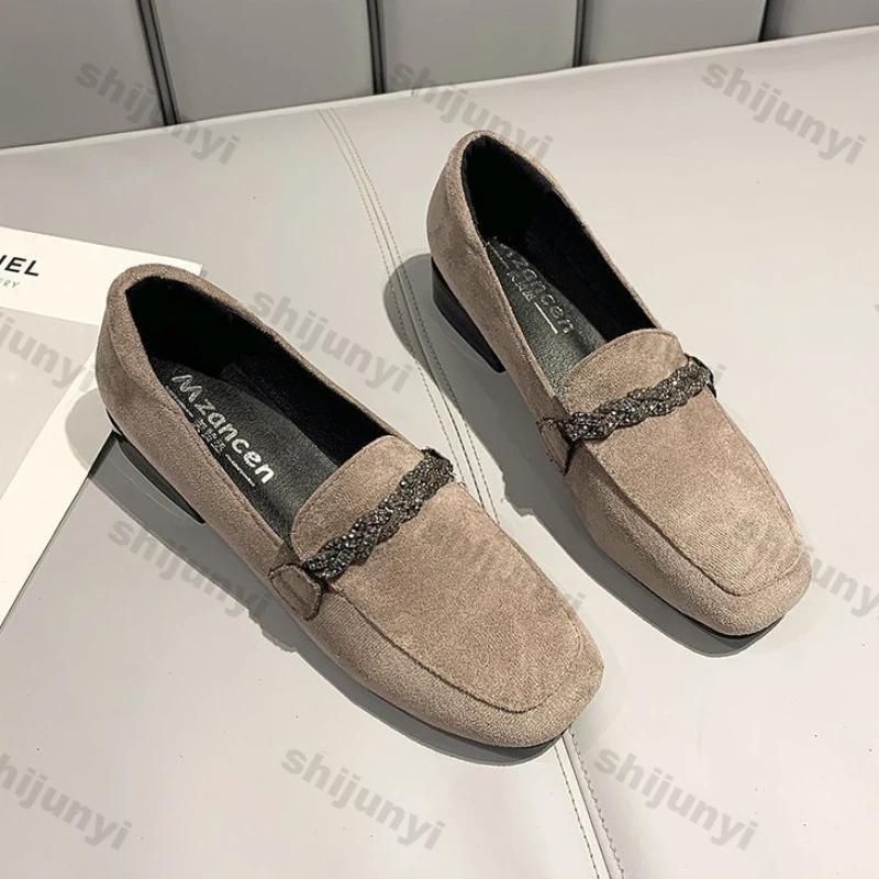 Damen Wildleder Flache Einzelne Schuhe Frühling Neue Mode Damen Quadratische Zehenpartie Weiche Sohle Loafer Vielseitig zum Hineinschlüpfen Schwarze Abriebfeste Schuhe