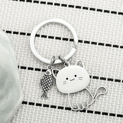 Portachiavi divertente a forma di pesce e gatto, in acciaio inossidabile, con ciondolo adorabile