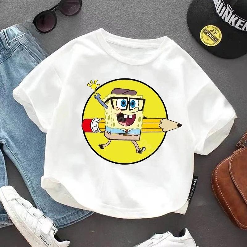 SpongeBob SquarePanted Child Short Sleeve TShirt Anime Character Print Cotton Pullover Boys Girls Summer Casual Crew Neck Tops