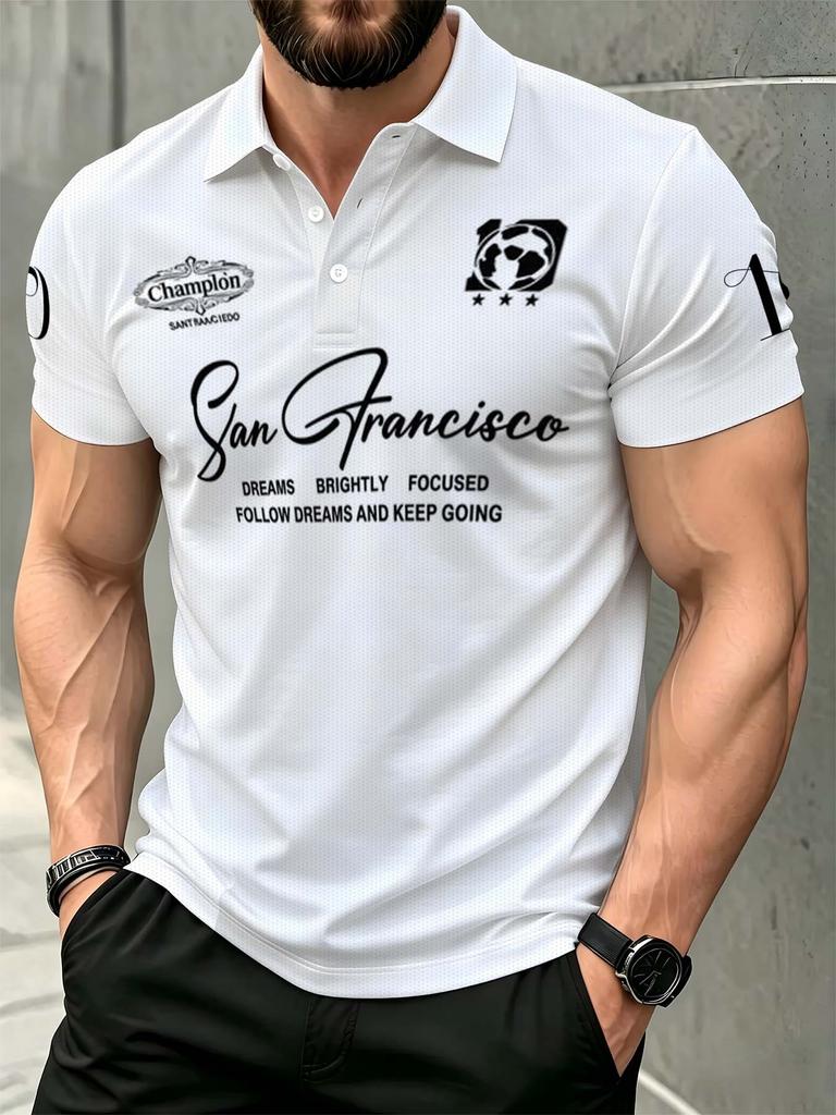Men's Outdoor Short-Sleeve Polo Shirt, Available in Multiple Sizes, Men's Lapel Polo with White Base and English Slogan Badge Print, Men's Top, Slim