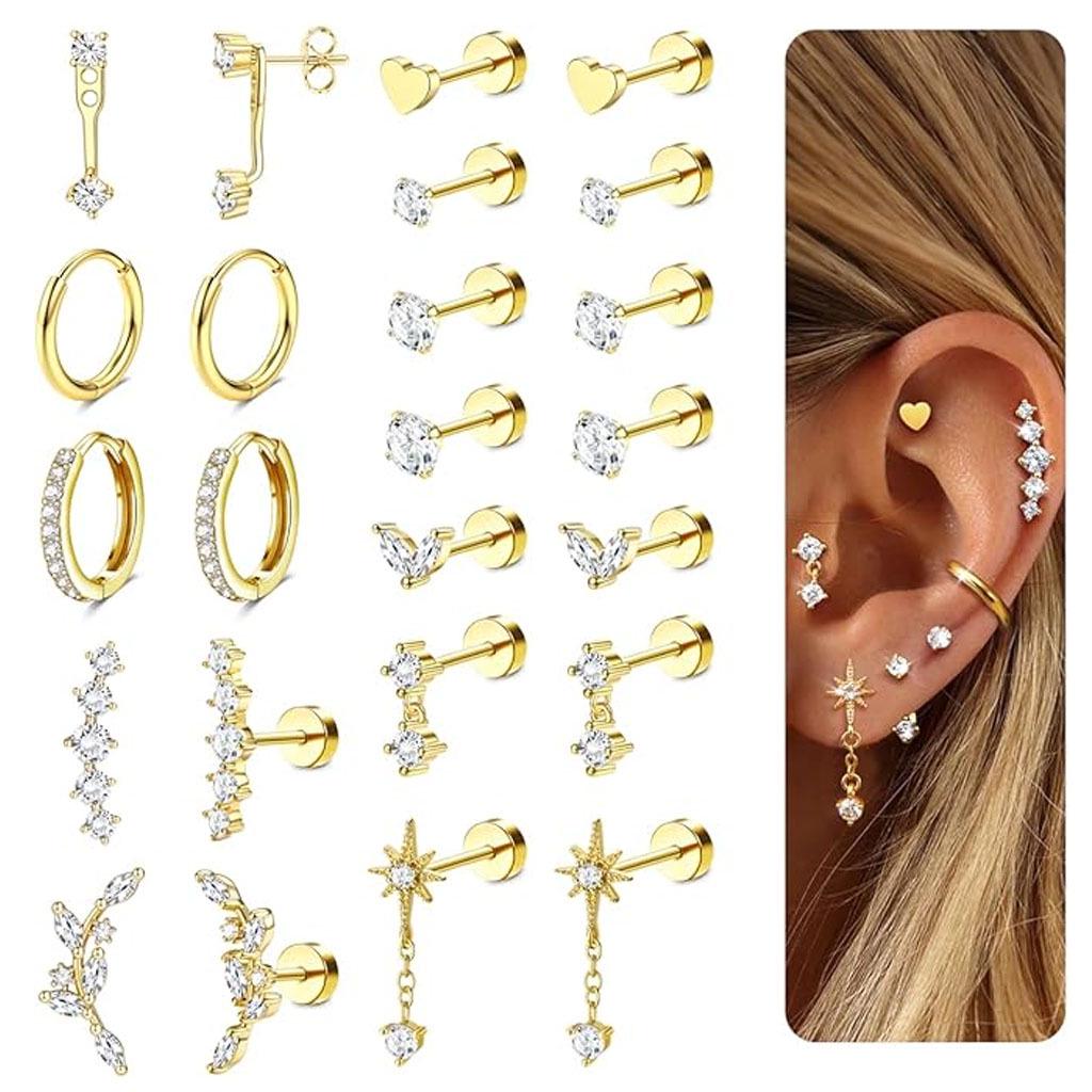 Σετ Σκουλαρίκια Καρφωτά Καρδιά Φύλλο Ζιργκόν από Επιχρυσωμένο Ορείχαλκο