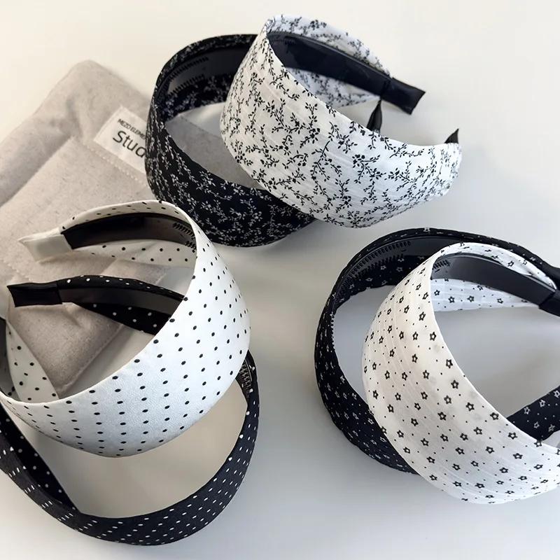 Retro Black White Polka Dots Small Flower Wide Edge Headbands Woman Temperament Hair Band Female Party Hair Hoop Vogue Headdress