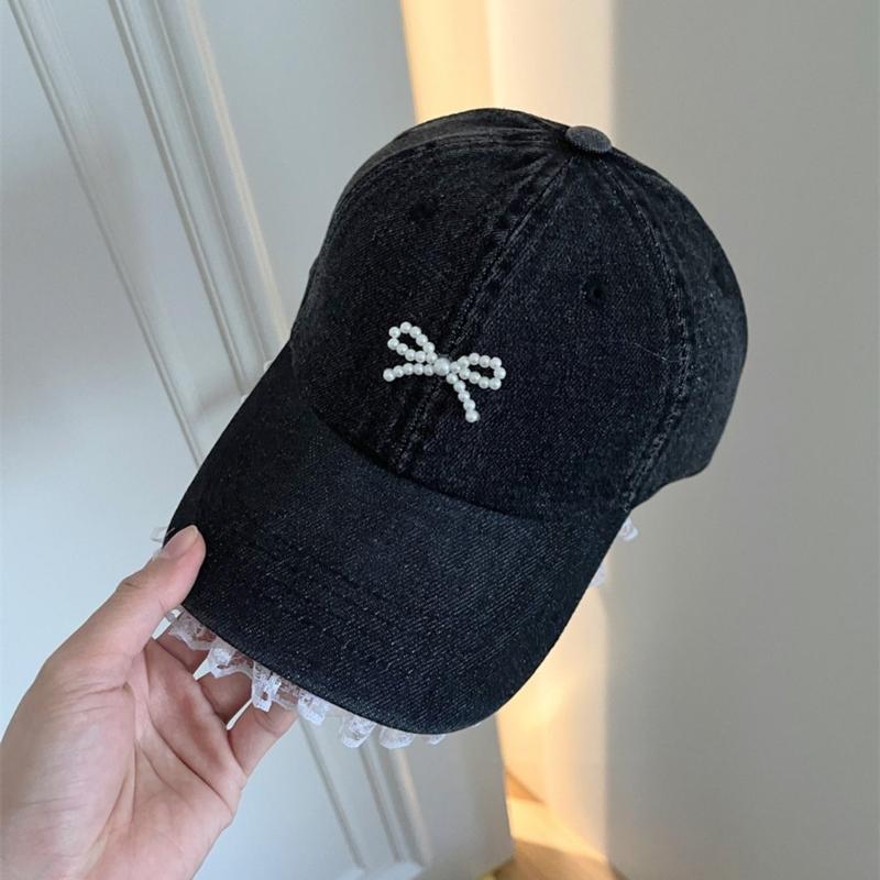 Stylish Women Fabric Baseball Hat with 3D Pearls Bowknot and Lace Trim for Outdoor Sports Activity Breathable Headwear