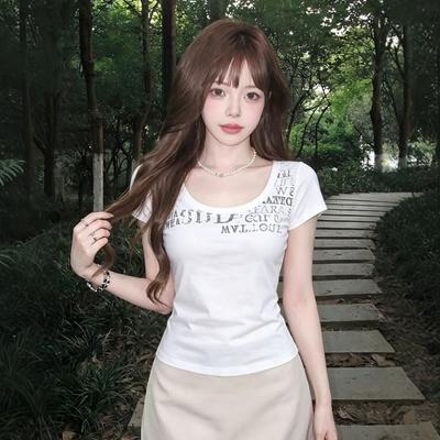American Spice Girl Style White U-Neck Letter Printed Short Sleeve T-Shirt Women's Summer New Slim Skinny Versatile Top Trend