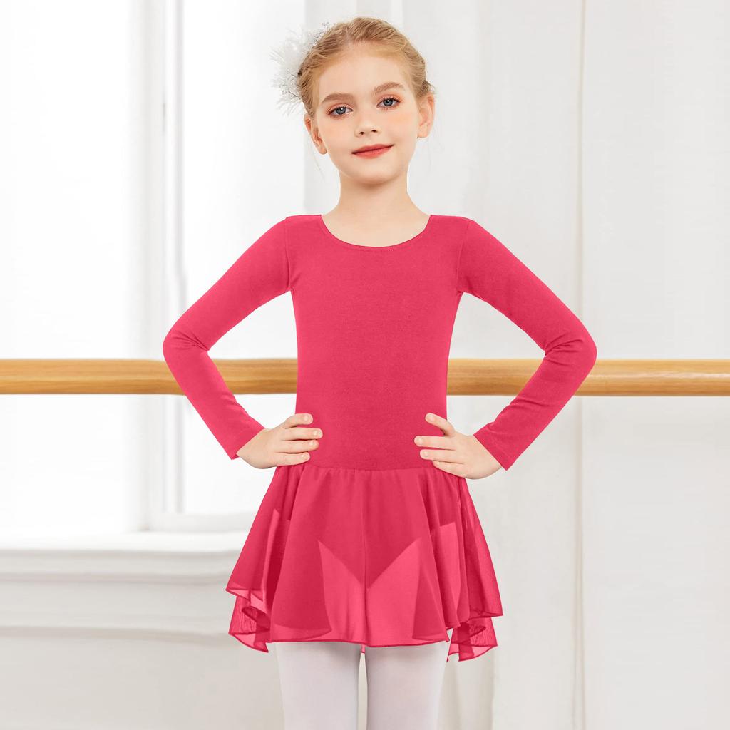 Girls' Color Long-sleeved Tulle Bodysuit Dance Costume