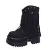 Fashion Women Tassels High Heels 8CM Thick Platform Mid-Calf Boots Leather Chunky Shoes Woman Autumn Winter Motorcycle Boots Botas