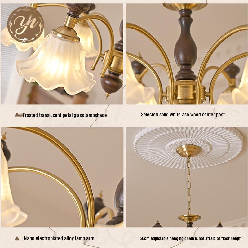 Mid-Century Cream Flower Chandelier with Solid Wood and French Retro Design