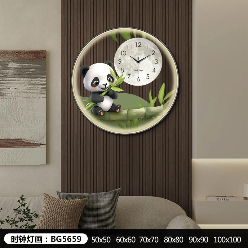 Circular transparent panda wall clock living room dining room decorative painting Creative LED wall light hanging wall clock
